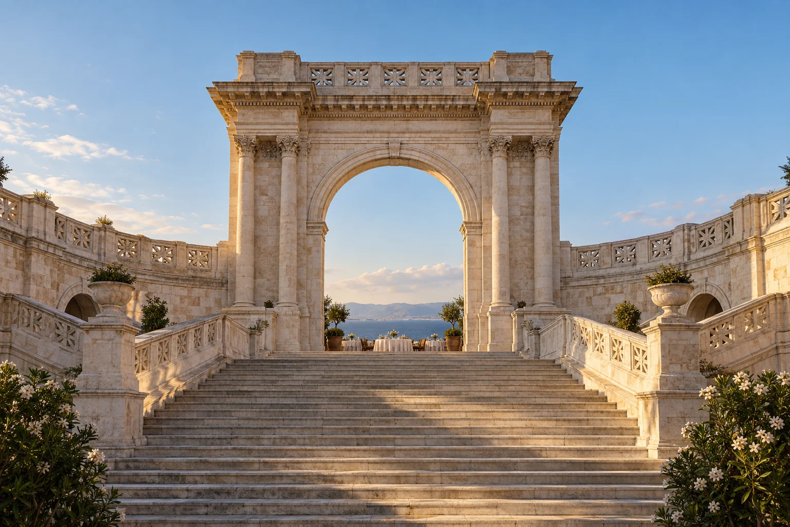 Scalinata e arco in pietra chiara ispirati al Bastione di Cagliari, verso una terrazza sul mare